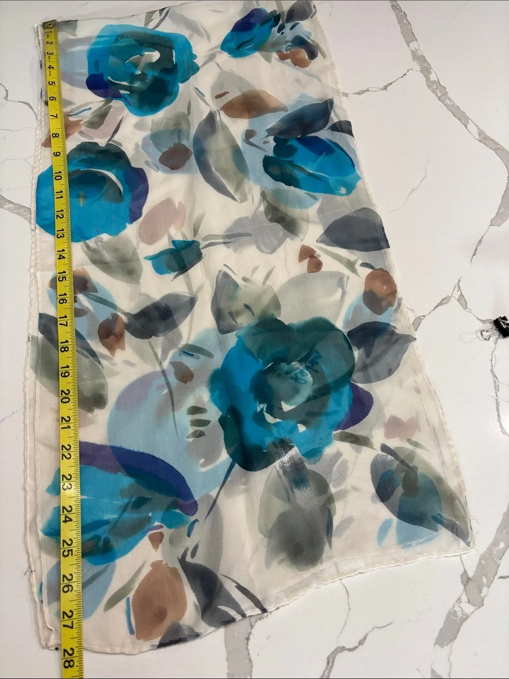 Artist Signed Watercolor Floral Sheer Chiffon Scarf Blue Gray White Oblong Wrap